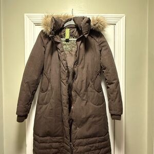 Soia & Kyo Plaid Brown Coat with Fur Hood